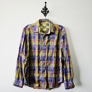 Robert Graham Colorful Plaid Button Down Shirt M Aztec Print Purple Flip Cuff